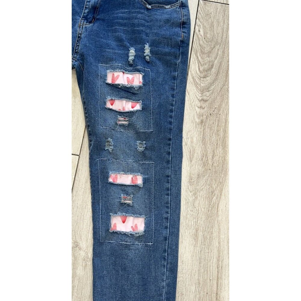 Jeans Jeans Women's Jeans XL 35x28 Ripped Blue Stretch Pink Hearts Super Cute - Picture 2 of 5